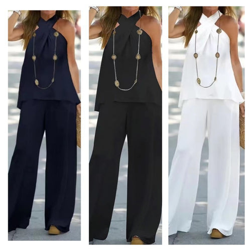Ladies Elegant set with fluid top and wide leg pants Lune London