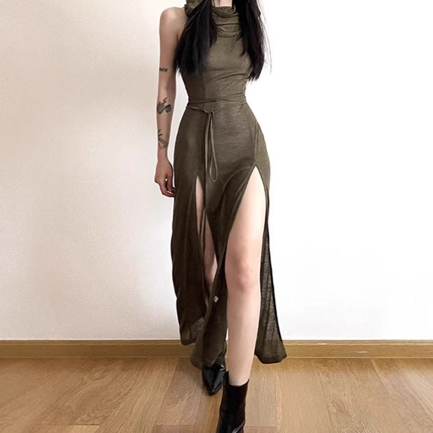 Ladies Elegant Maxi Dress with High Split and Chic Hood