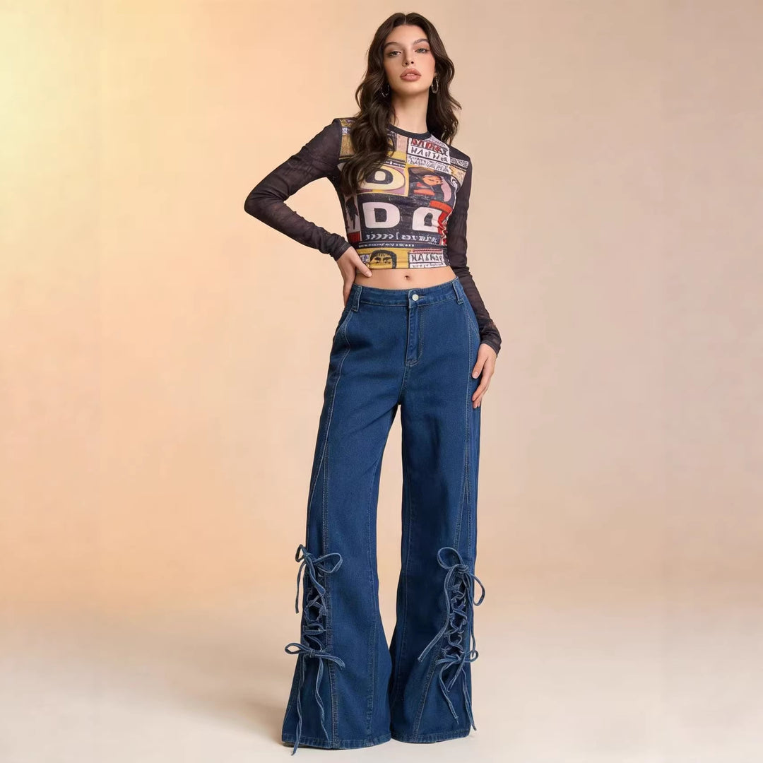 Women's flared jeans with trendy lacing detail and wide leg Lune London
