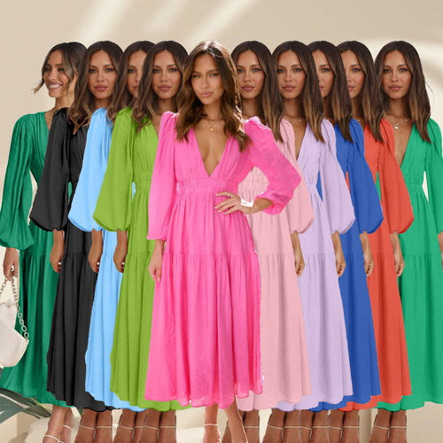 Women's Maxi Dress with Deep V-Neck and Wide Flared Sleeves Lune London