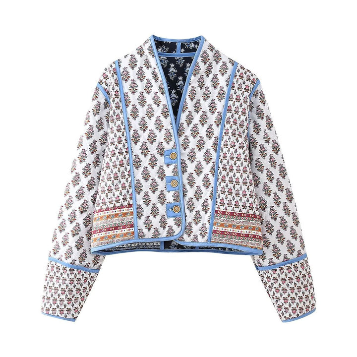 Fashionable women's cropped jacket with a floral design and elegant button details Lune London