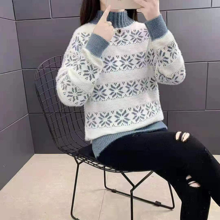 Knit sweater for women with a modern snowflake pattern and high collar Lune London