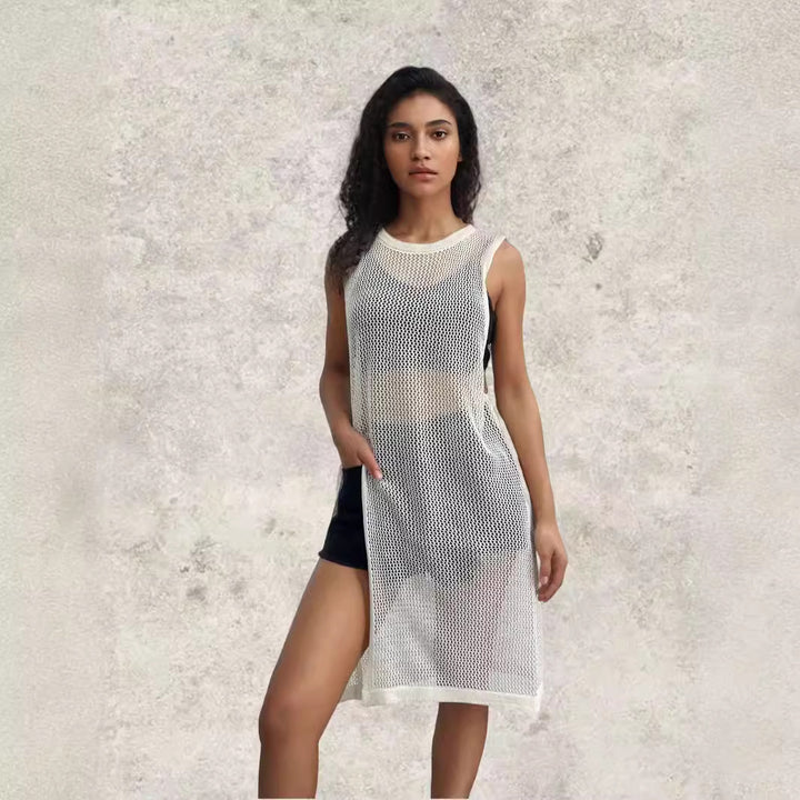 Lightweight knitted sweater for women with a trendy mesh design and side slits Lune London