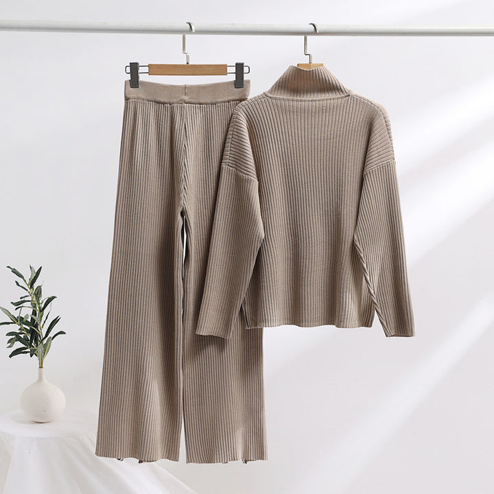 Casual knit set for women with a high collar and side slits Lune London