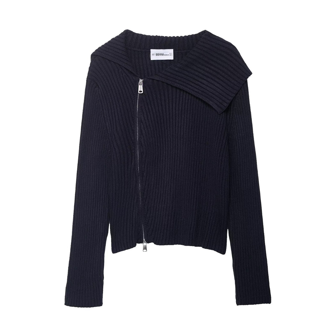 Ladies fashion cardigan with asymmetric collar and zipper Lune London