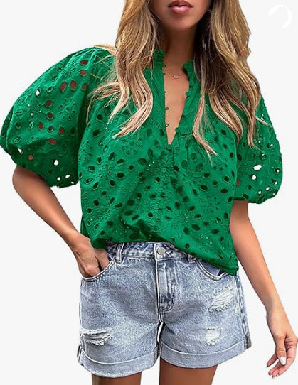 Ladies eyelet blouse with puff sleeves Lune London