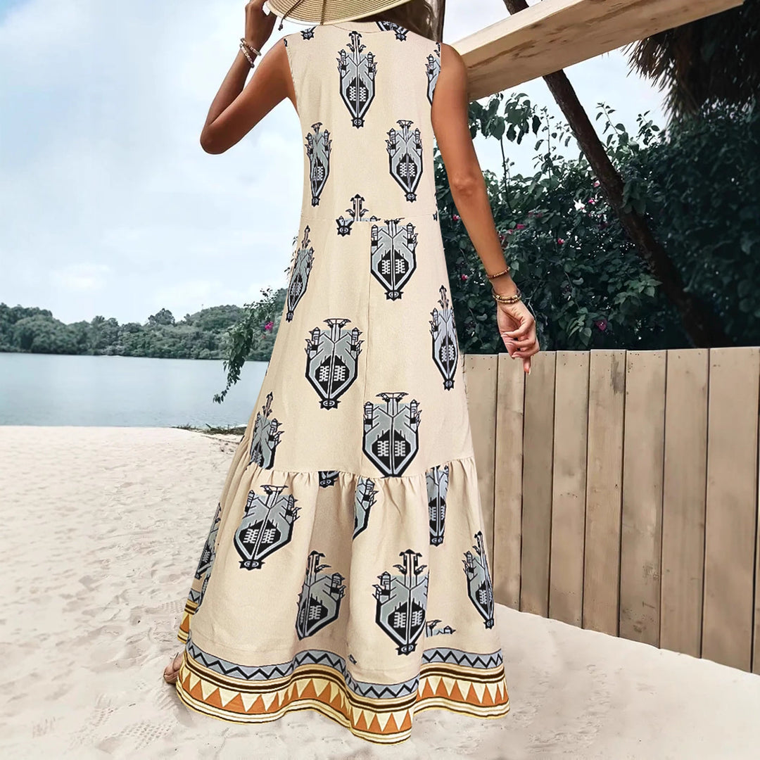 Maxi dress for women with an elegant floral pattern and a deep V neckline Lune London