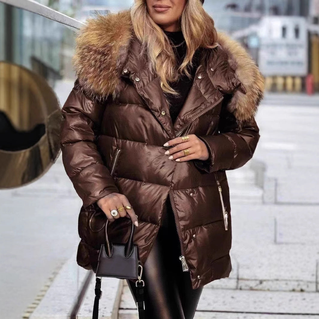 Ladies Long Down Jacket with Removable Faux Fur Collar Lune London