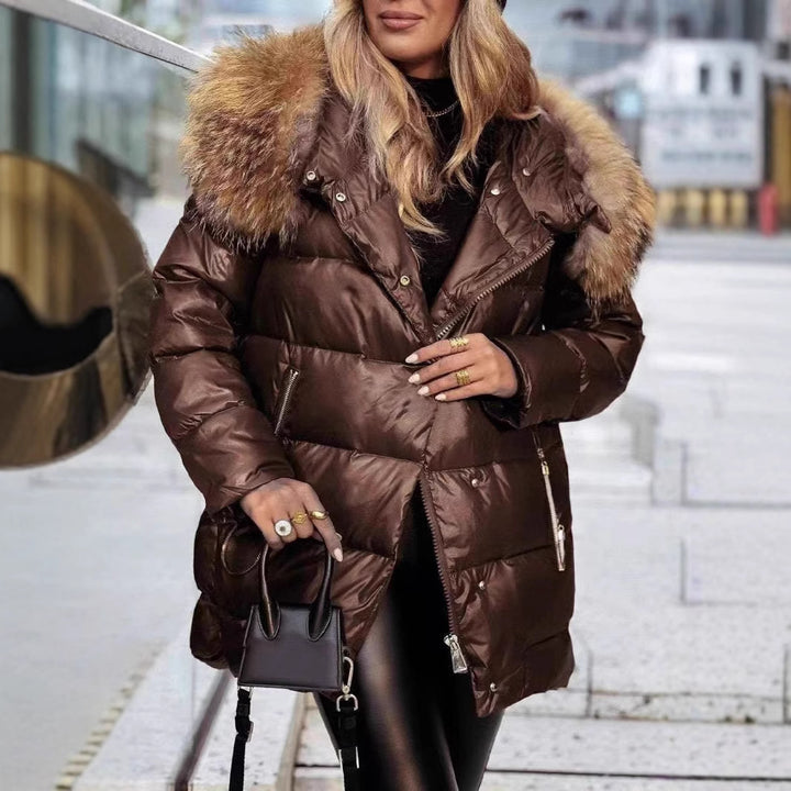 Ladies Long Down Jacket with Removable Faux Fur Collar Lune London