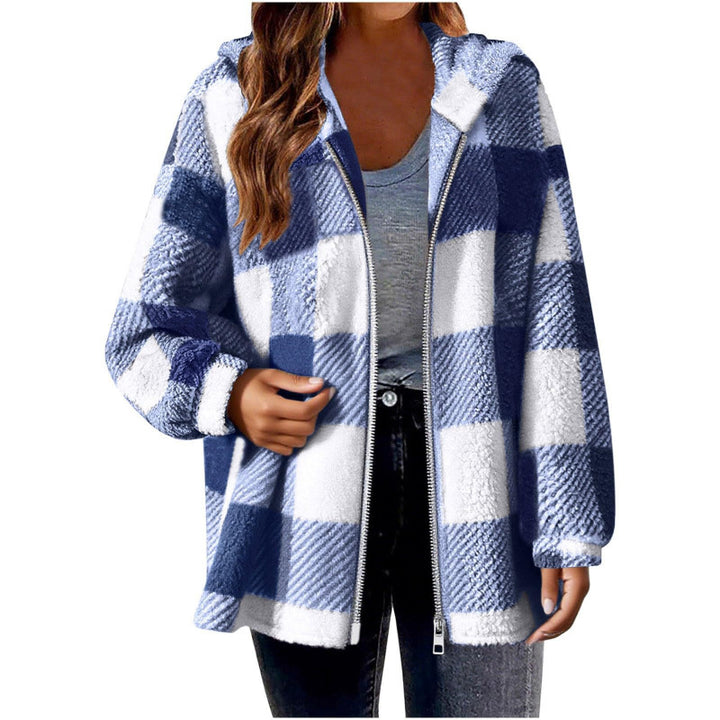 Fleece jacket for women with plaid pattern and hood Lune London