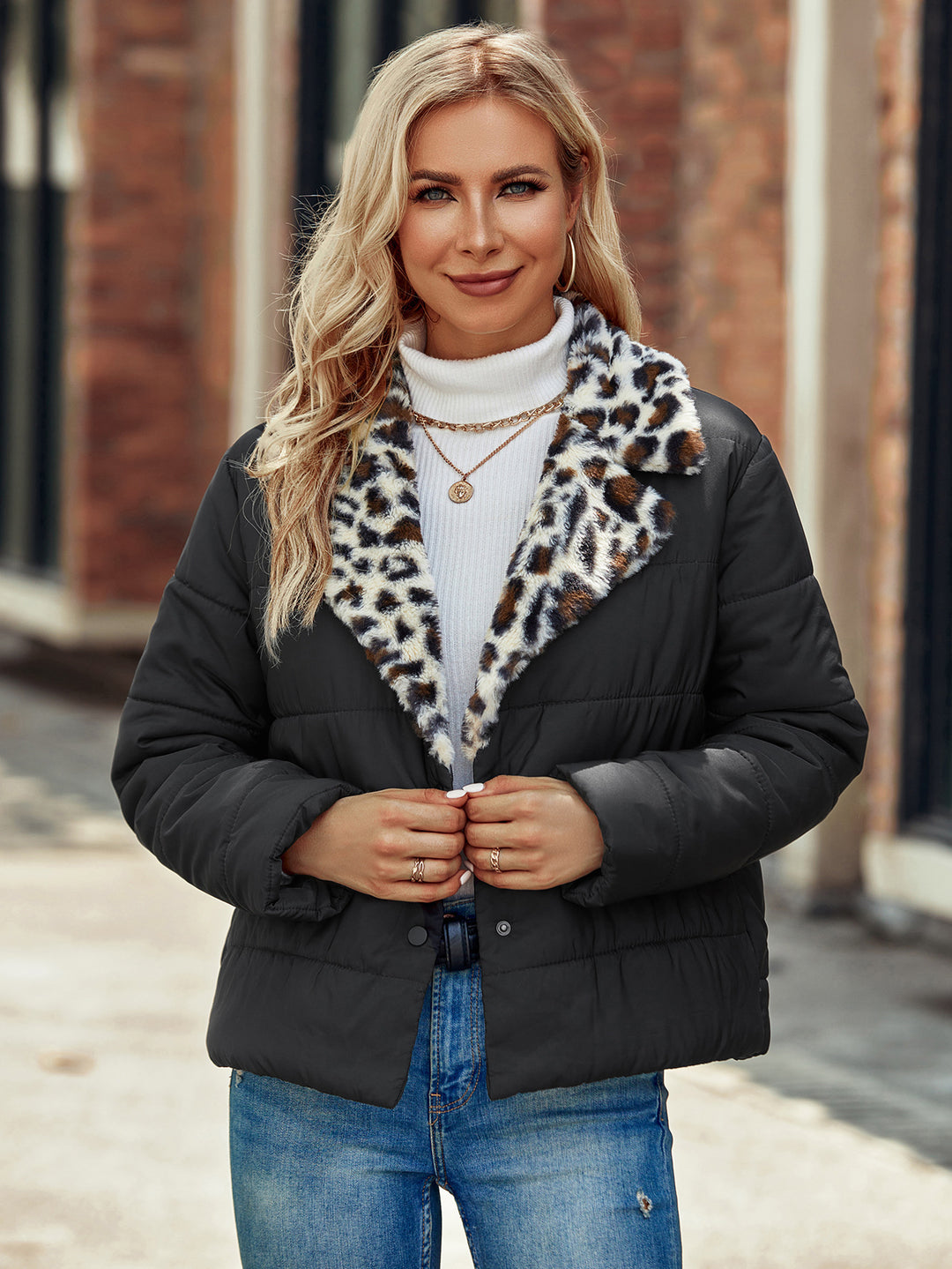 Ladies Fashion Quilted Jacket with Leopard Collar Lune London