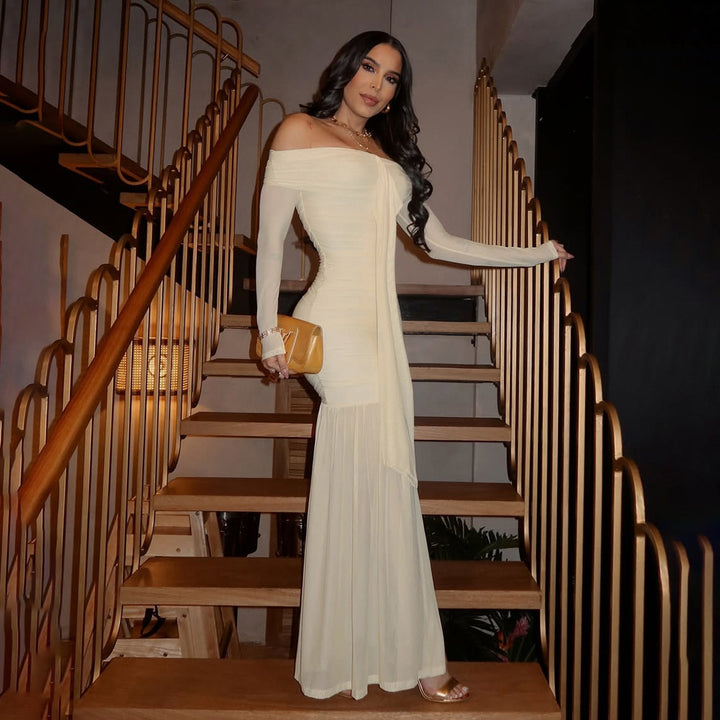 Elegant maxi dress for women with neckline design and refined draping Lune London