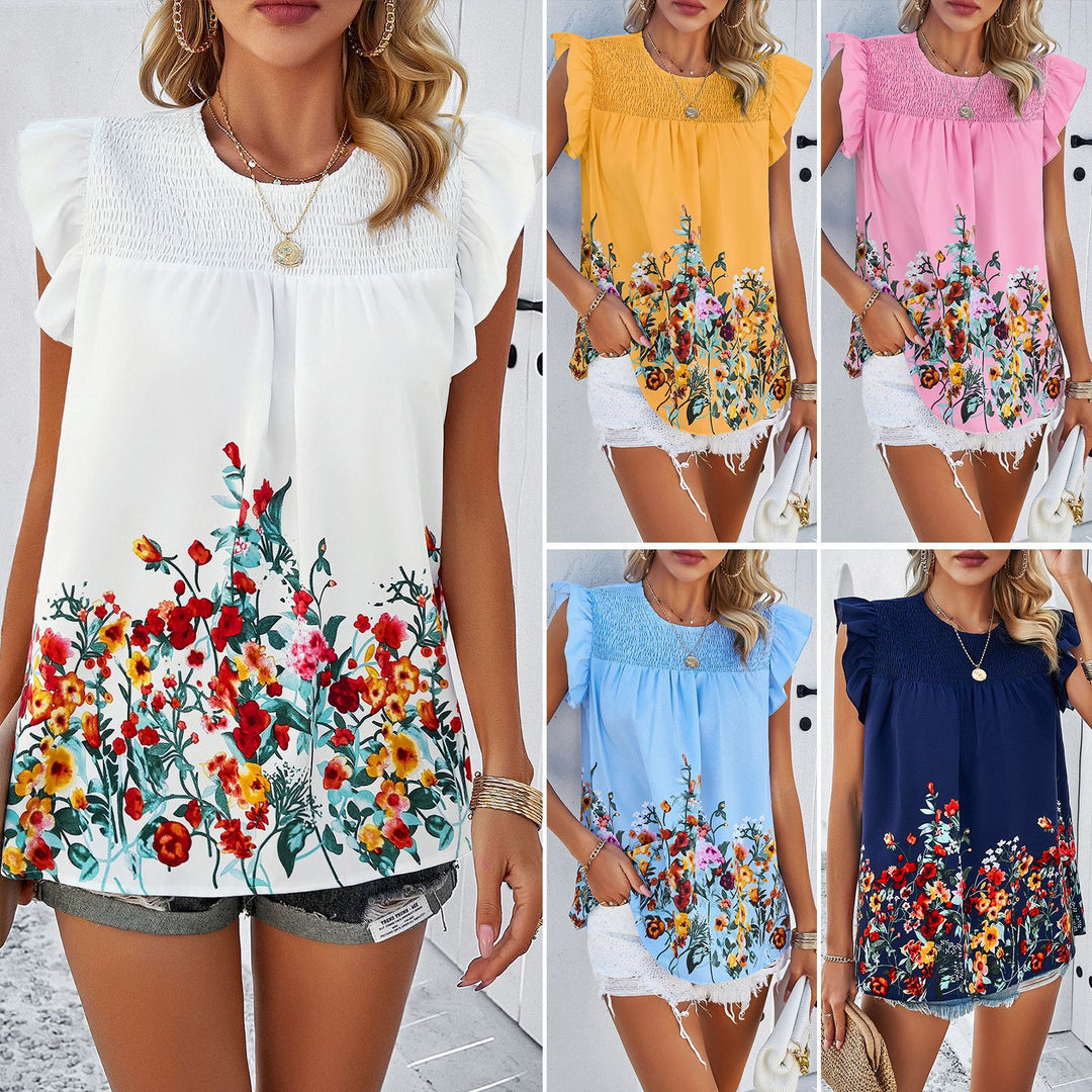 Women Trendy Fluid Blouse Top with Floral Design and Ruffle Details Lune London