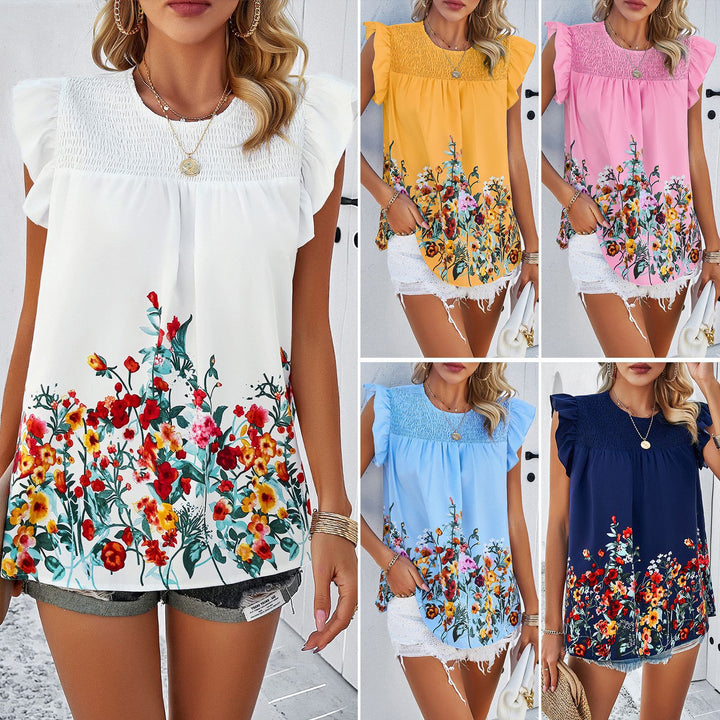 Women Trendy Fluid Blouse Top with Floral Design and Ruffle Details Lune London