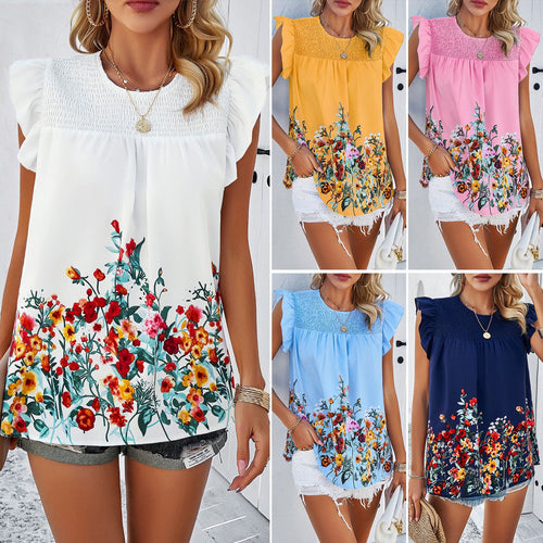Women Trendy Fluid Blouse Top with Floral Design and Ruffle Details Lune London