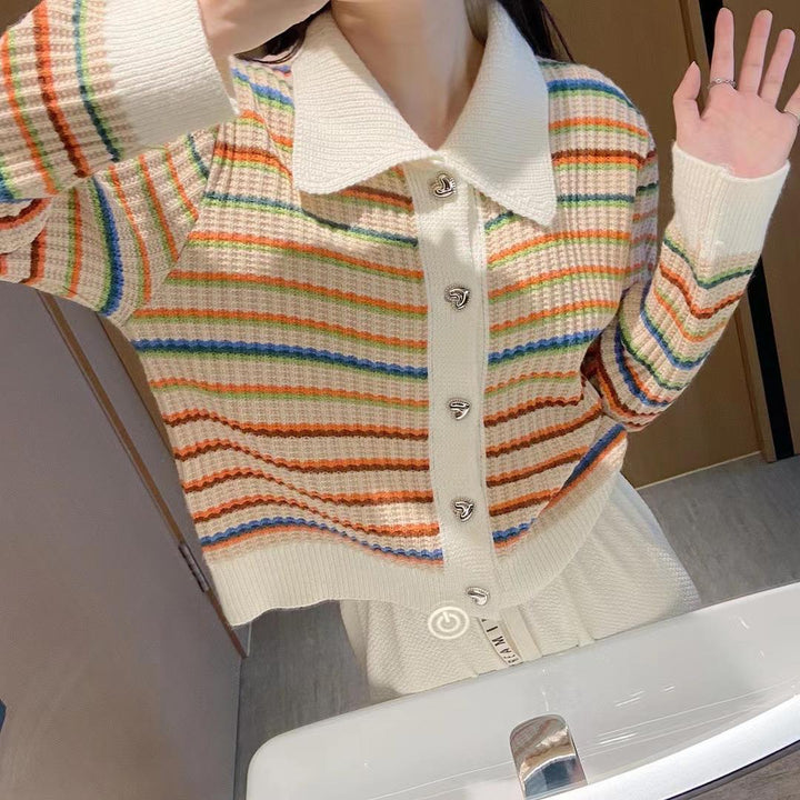 Striped knit jacket for women with stylish collar and shiny buttons Lune London