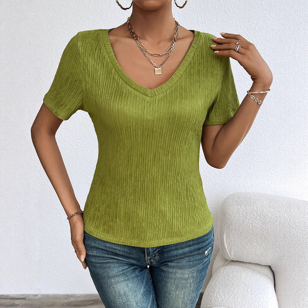 Women’s V Neck Short Sleeve Blouse with Fine Rib Structure Chic & Style