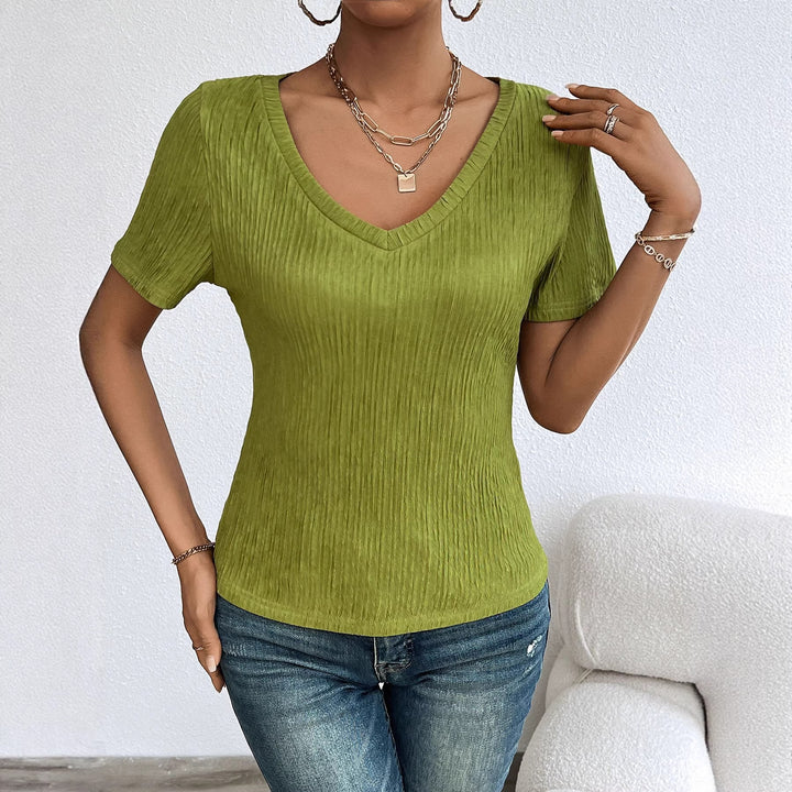 Women’s V Neck Short Sleeve Blouse with Fine Rib Structure Chic & Style