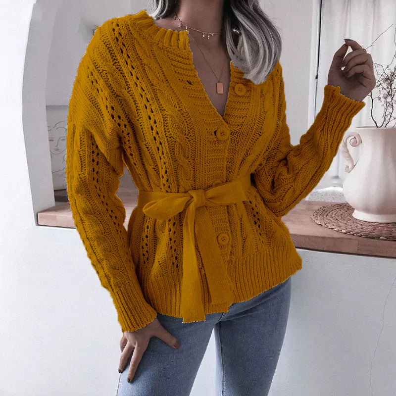 Knit jacket for women with waist belt and refined decorative patterns Lune London