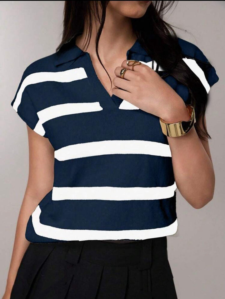 Women Short striped short sleeve sweater with polo collar Lune London