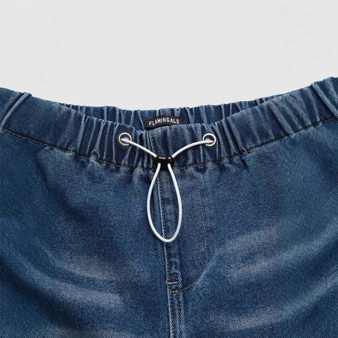 Women's Wide Denim Pants with Elastic Waist and High Pockets Lune London
