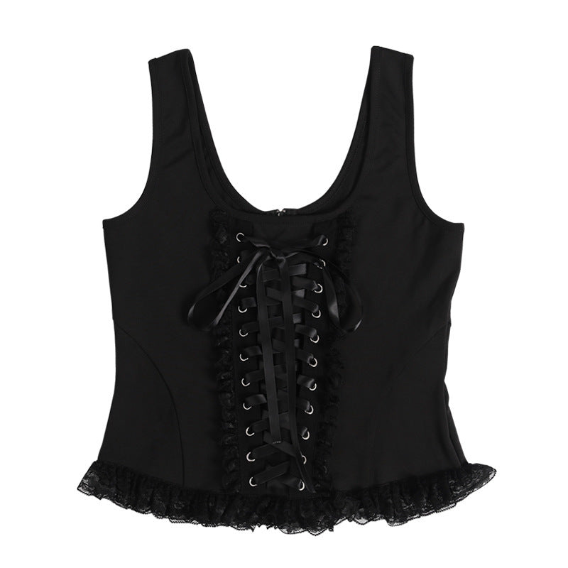 Women's Corset Top with Ruffle Details and Satin Ribbons Lune London
