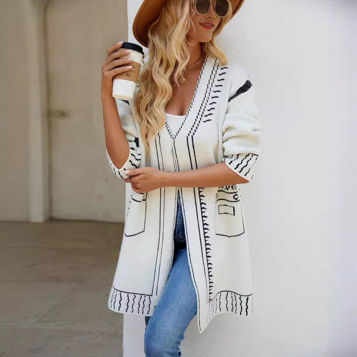 Elegant women's cardigan with deep V-neck and decorative seams Lune London
