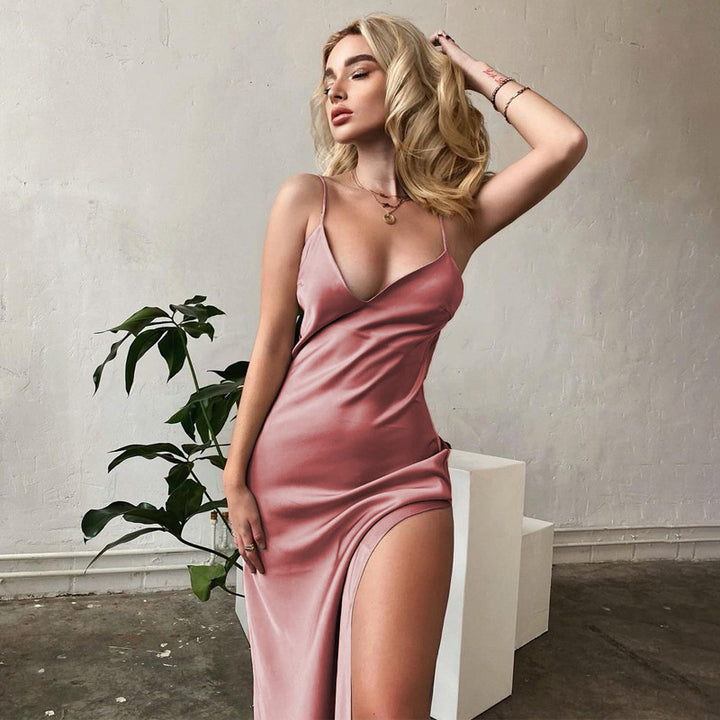 Elegant maxi dress for women with a deep slit and delicate spaghetti straps Lune London