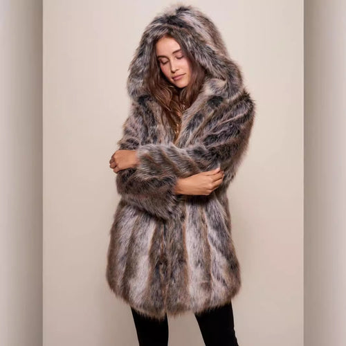 Ladies Luxurious Faux Fur Coat with Hood Lune London