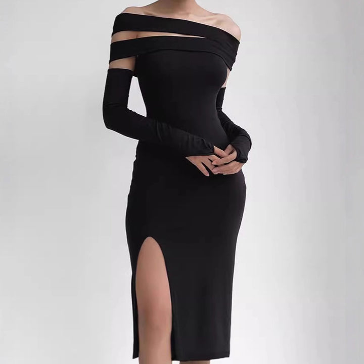 Elegant ladies maxi dress with off-shoulder neckline and long slit Lune London