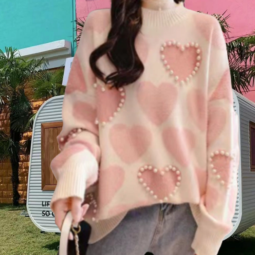 Ladies Knitted sweater with heart-shaped appliqués and ribbed collar Lune London