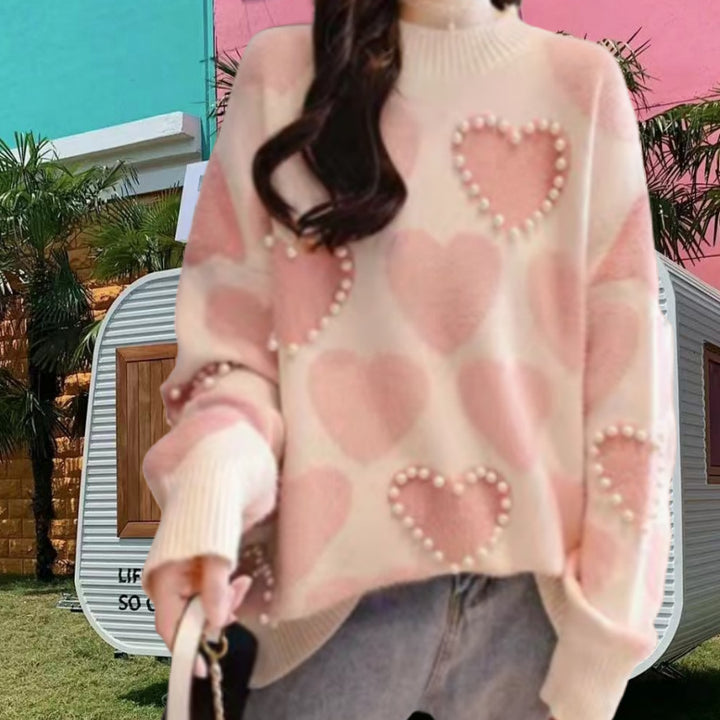 Ladies Knitted sweater with heart-shaped appliqués and ribbed collar Lune London
