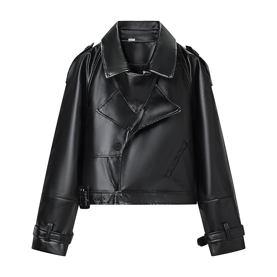 Veste en simili cuir pour femme au style biker moderne avec col asymétrique et ceinture à la taille Chic & Stil