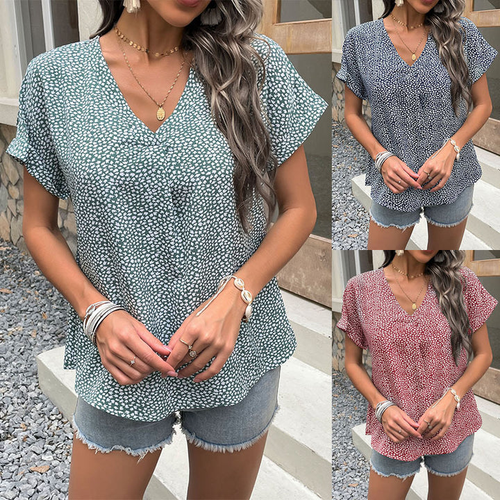 Short-sleeved blouse for women with V-neck and polka dot pattern Lune London