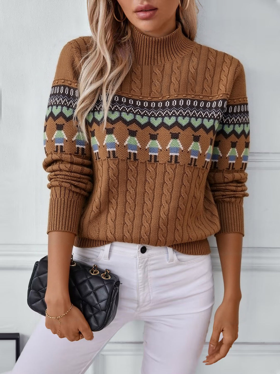 Knit sweater for women with creative pattern and high collar Lune London