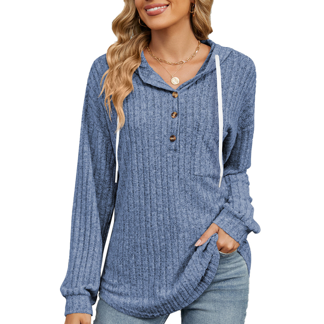Casual hooded sweatshirt for women with button placket and textured design Lune London