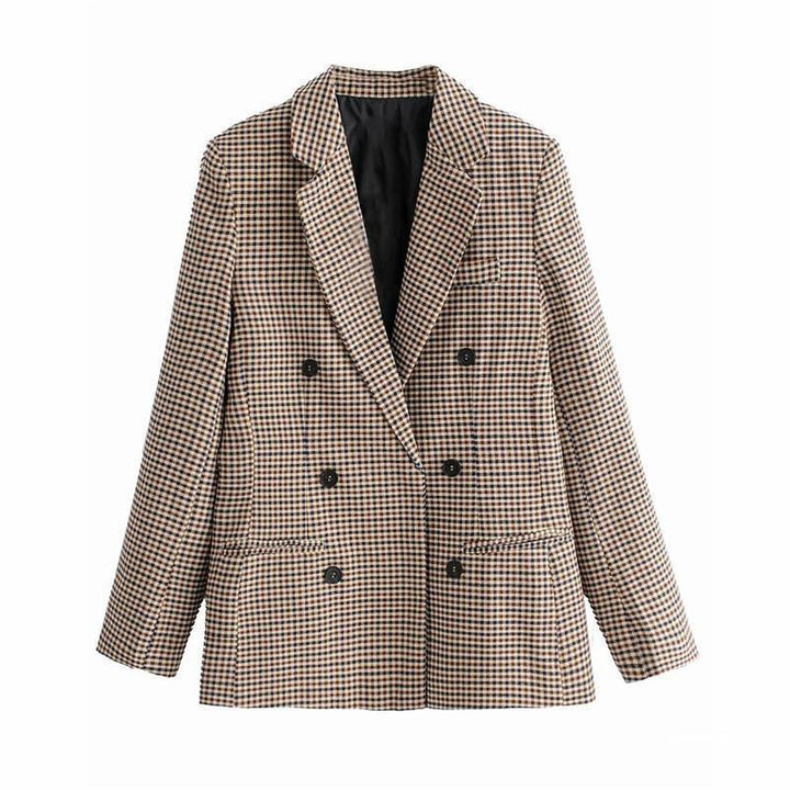 Lune London double-breasted blazer for women with plaid pattern