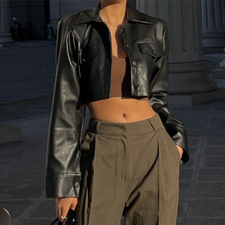 Cropped leather jacket for women with chest pockets Lune London