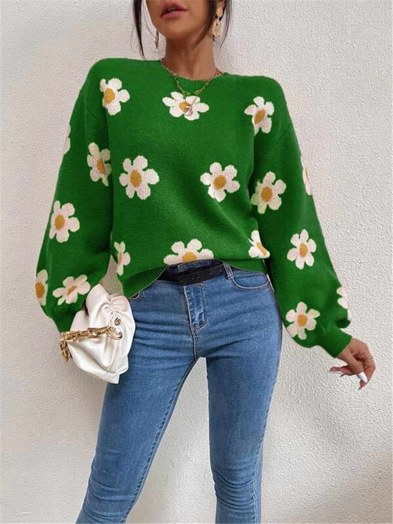 Knit sweater for women with a playful floral pattern and elegant puff sleeves Lune London