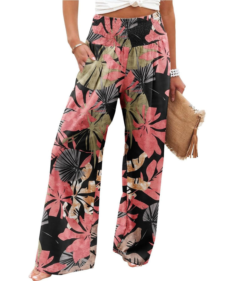Lune London Women's Palazzo Pants with Elastic Waist and Floral Pattern