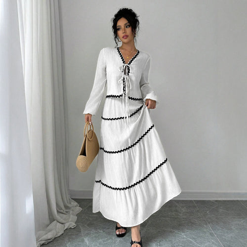 Maxi dress for women with elegant gathers and contrasting bias Lune London