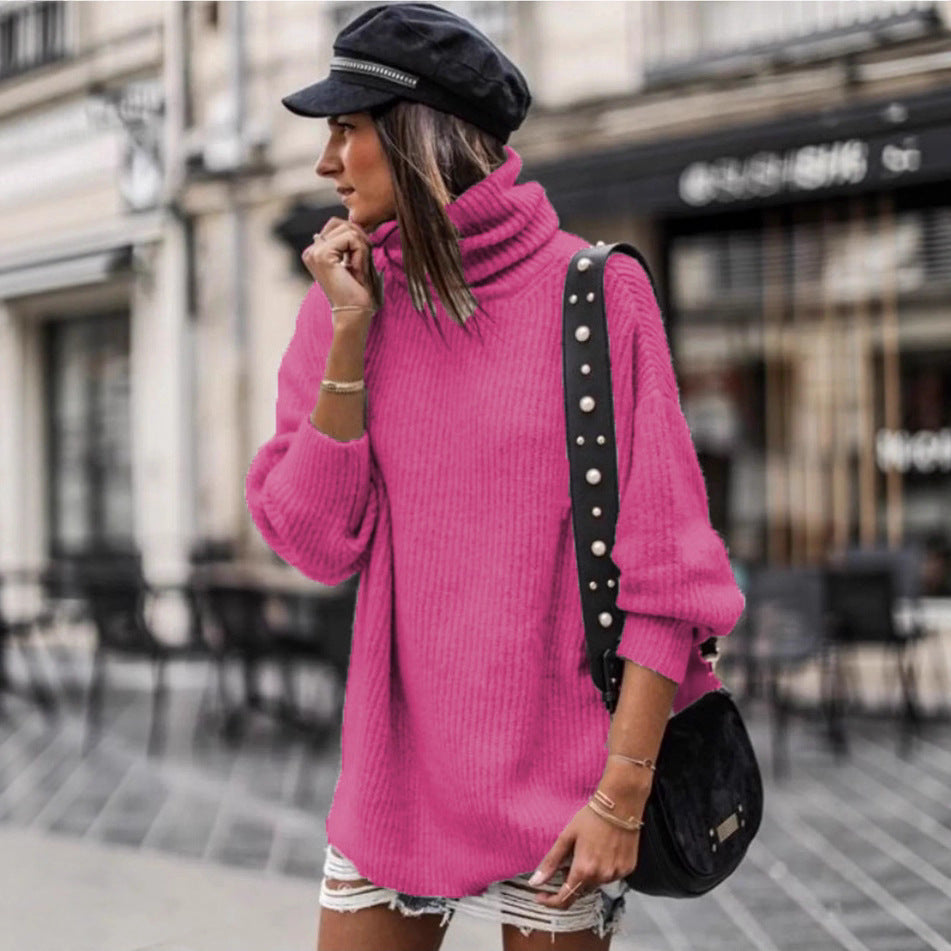 Oversized knitted sweater for women with high collar and chic fashion details
