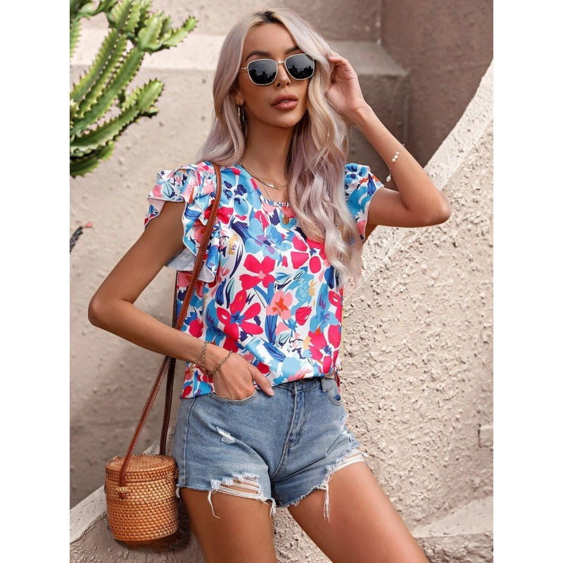 Ladies Top with Puff Sleeves Floral Lune London