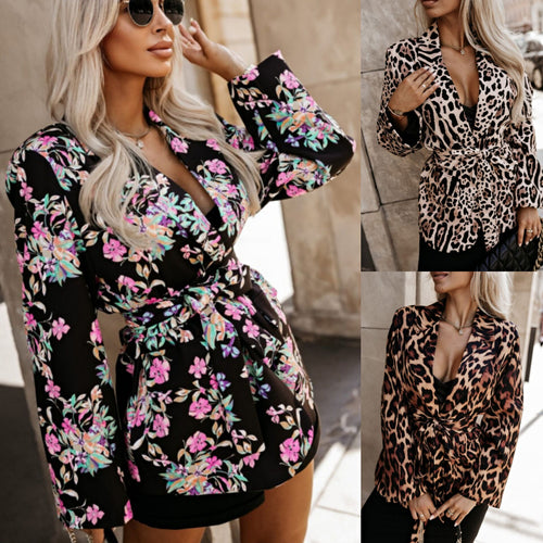 Ladies Elegant Blazer Jacket with Animal Print and Belted Waist Lune London