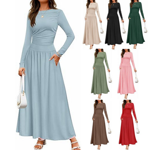 Lune London | Women Long-Sleeve Maxi Dress with Elegant Ruffle Details and Practical Pockets