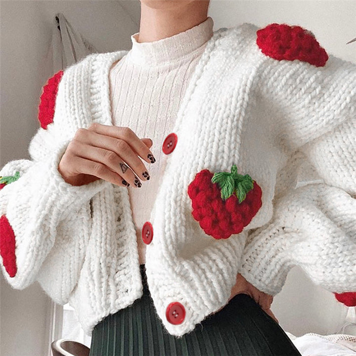 Knitted jacket for women with strawberry appliqués and loose sleeves Lune London