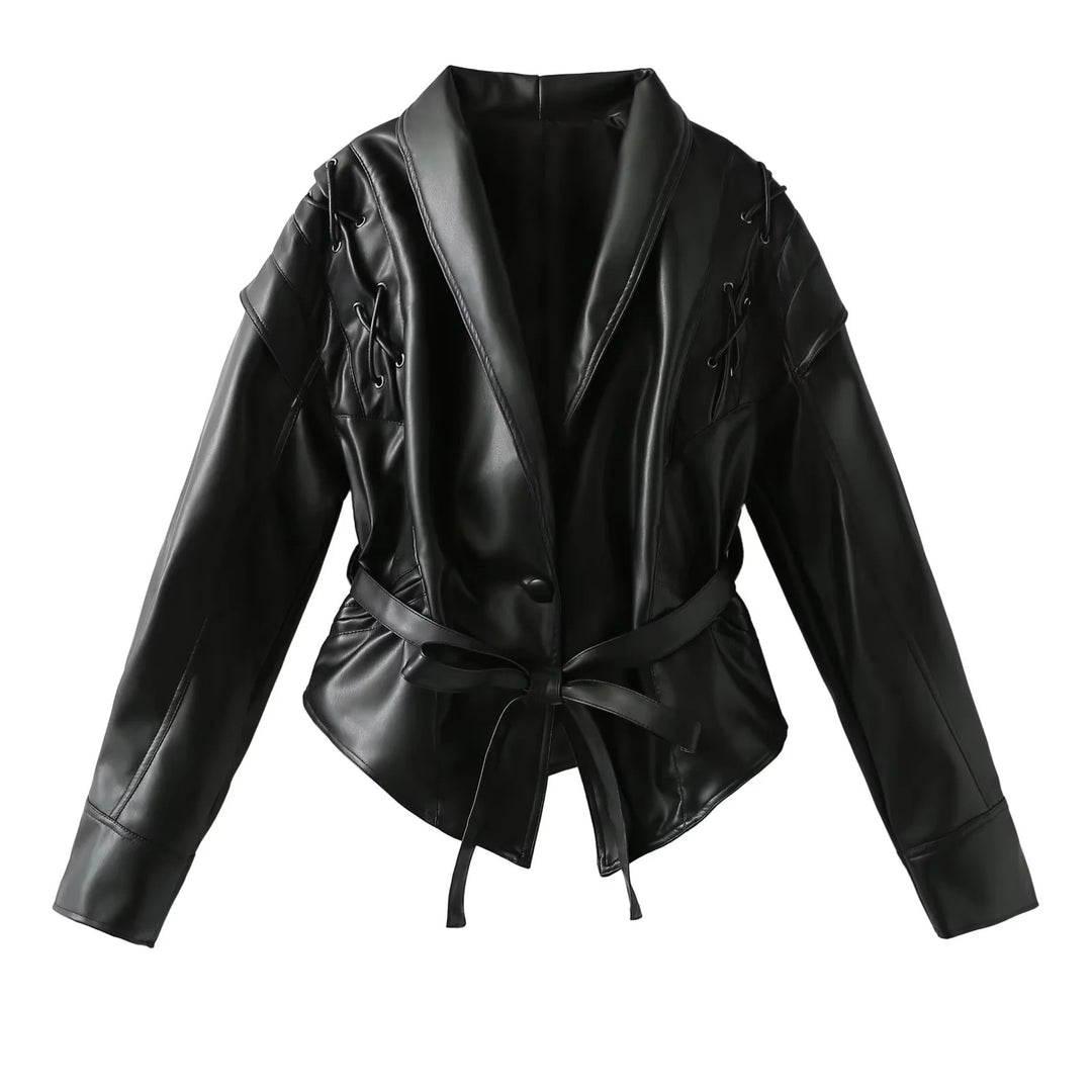 Women's faux leather blazer with modern design and practical belt Lune London