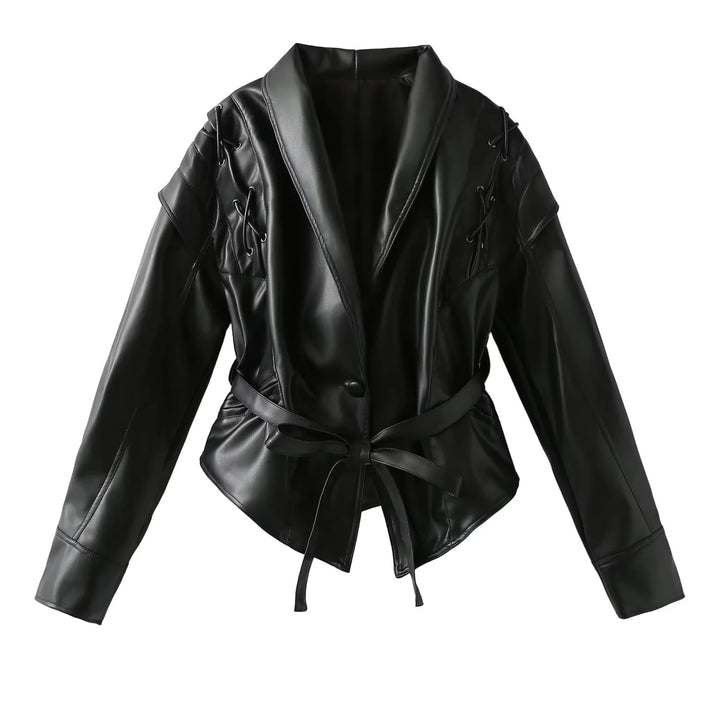 Women's faux leather blazer with modern design and practical belt Lune London