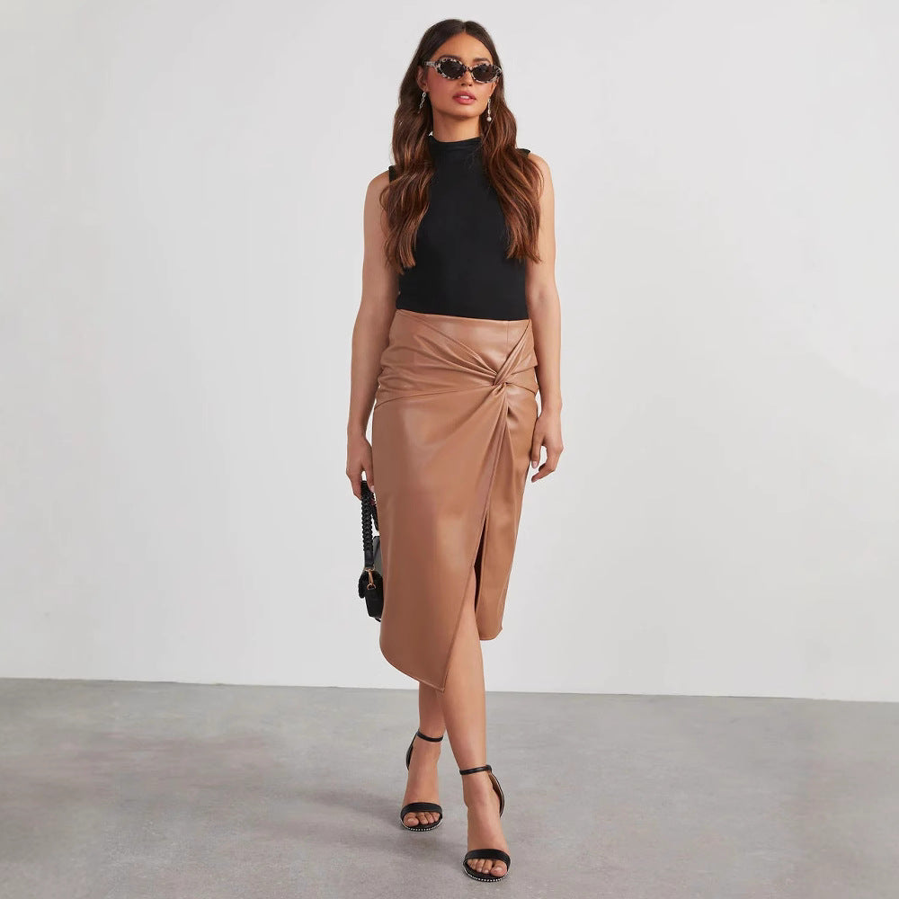 Women's faux leather skirt with asymmetrical cut and decorative knot Lune London
