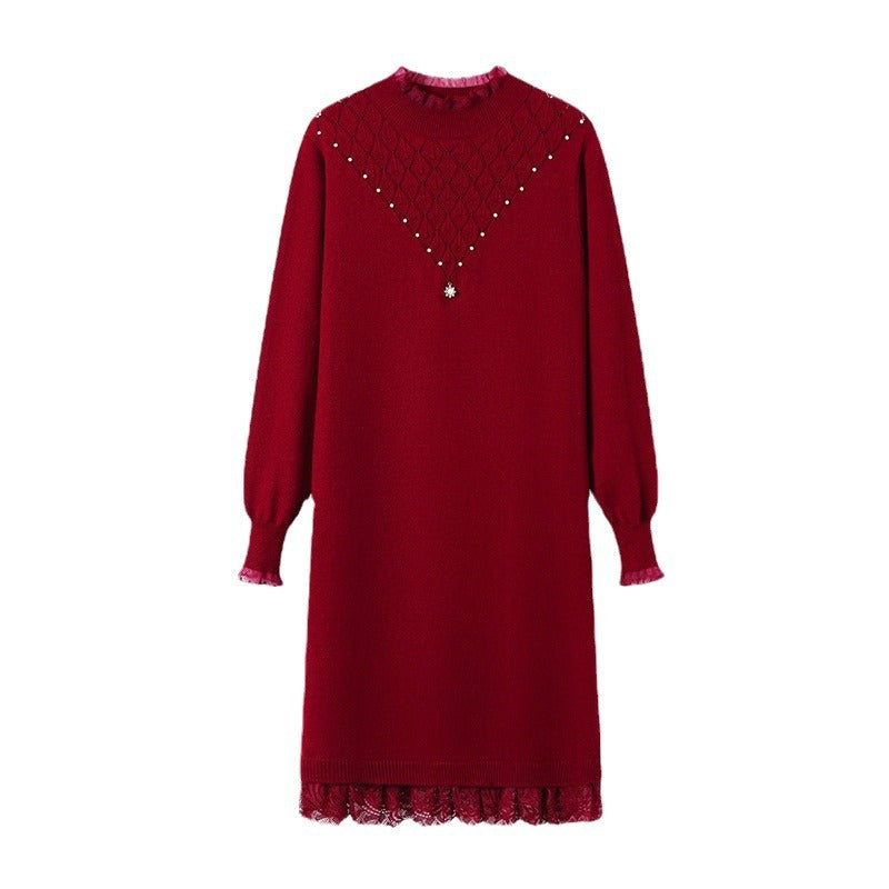 Knit dress for ladies with high collar and lace finish Lune London